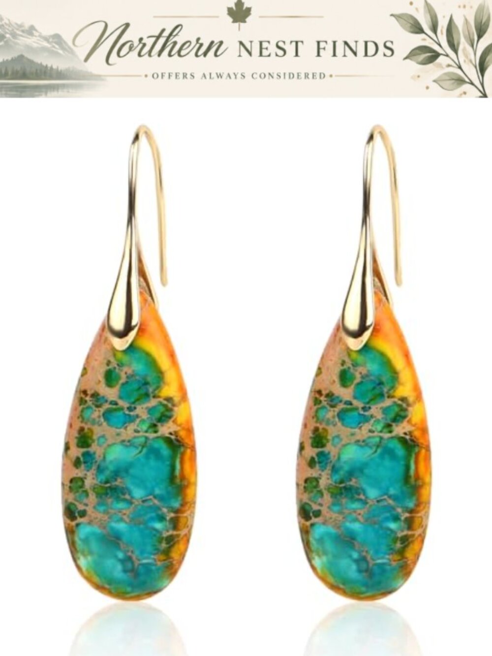 2Pc Natural Stone Fishhook Dangle Drop Earrings Teardrop Statement